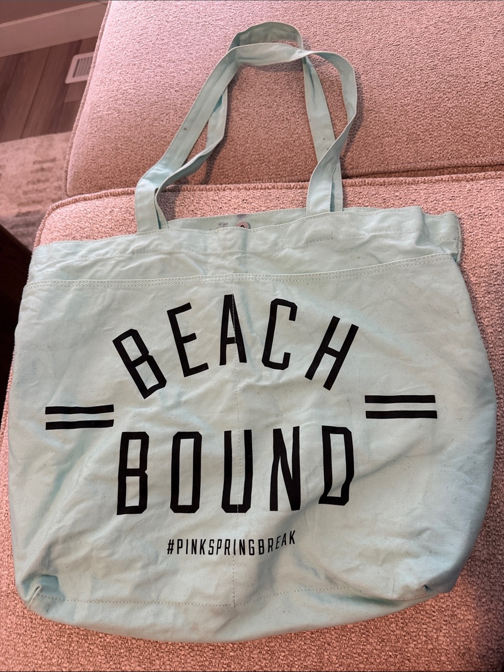 PINK Beach Bound Tote Bag - Mint with Black Print